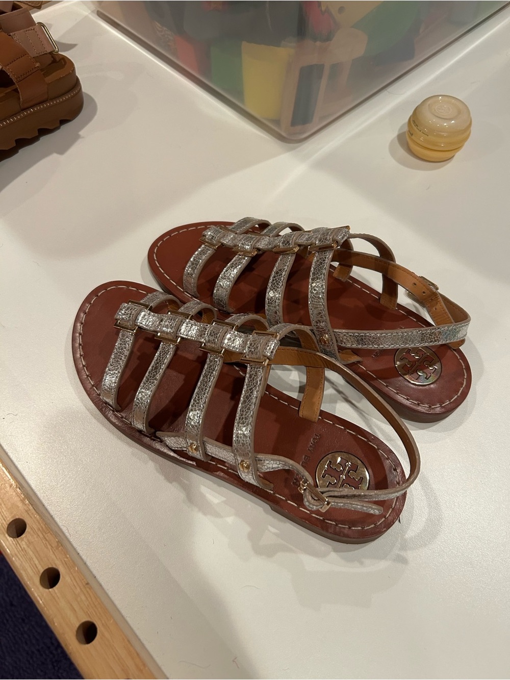 Tory Burch Silver Metallic Strappy Leather Sandals